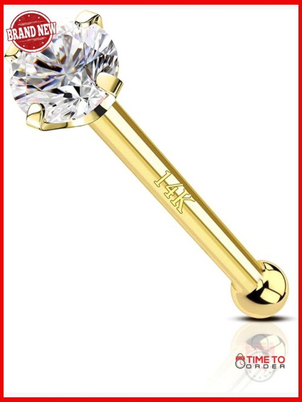 14K Solid Gold Bone Nose Stud 22g 1.5mm CZ Press Fit Piercing
